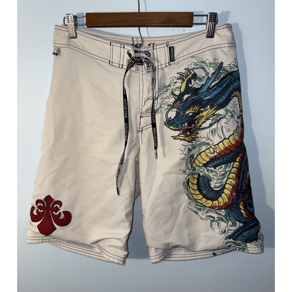 AFFLICTION Men's Board Shorts Dragon Graphic Y2K MMA Swim Trunks Beach Size 30